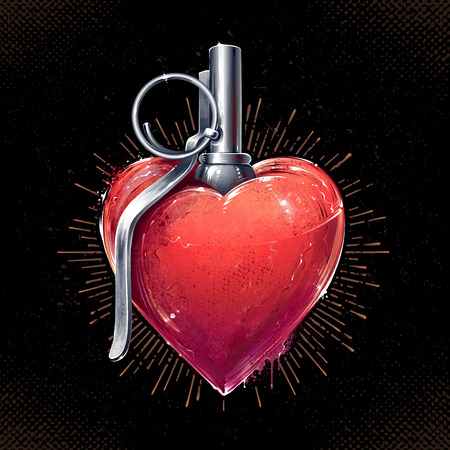 Heart Grenade Art vector art. Grunge illustration of heart shape with hand grenade elements. Abstract painted picture with graffiti splashes and smudges. Heart on black background with retro beams.のイラスト素材