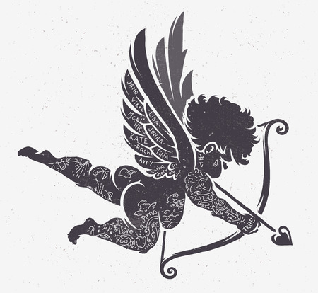 Vector Cupid silhouette with tattoos. Retro stiled ink art.のイラスト素材