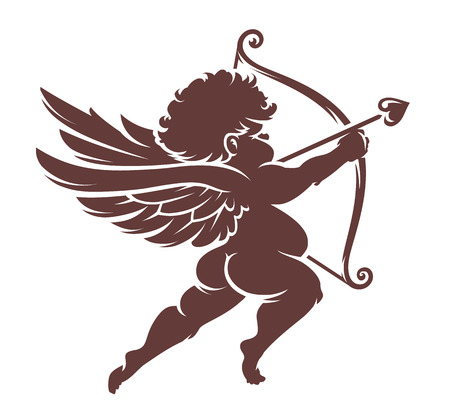 Red Vector Cupid silhouette isolated on white. Decorative design element.のイラスト素材
