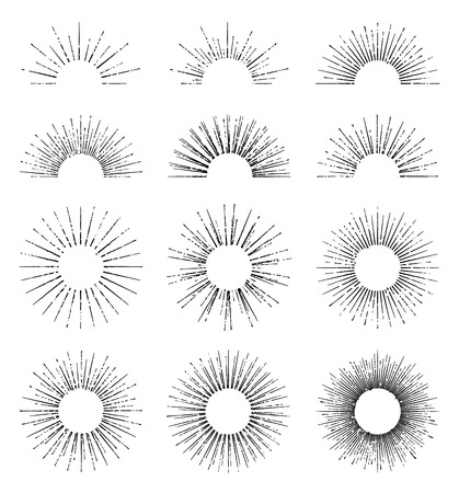 Set of vector sunbursts isolated on white. Vintage design elements. Retro style line art decorative sun beams. Hand drawn sunshine shapes.のイラスト素材