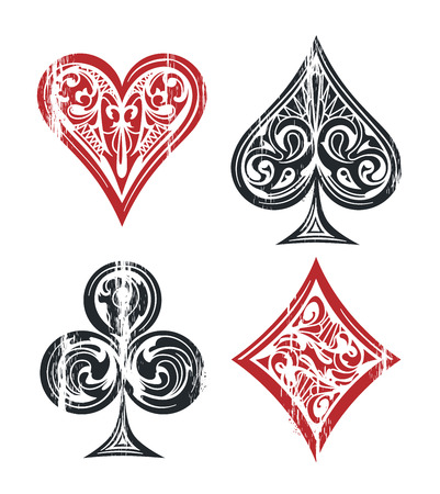 Card suit vintage symbols isolated on white. Weathered graphic of playing cards symbols with vintage patterns. Vector graphic.のイラスト素材