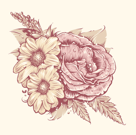 Vector Flowers. Rose and chamomile with leafs. Old fashioned style flowers art. Vintage floral illustration.のイラスト素材