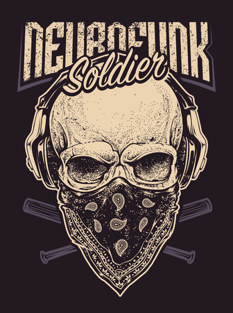 Neurofunk Soldier. Skull in bandana with headphones and baseball bats with grunge typography. Print for neurofunk music fans. Vector art.のイラスト素材