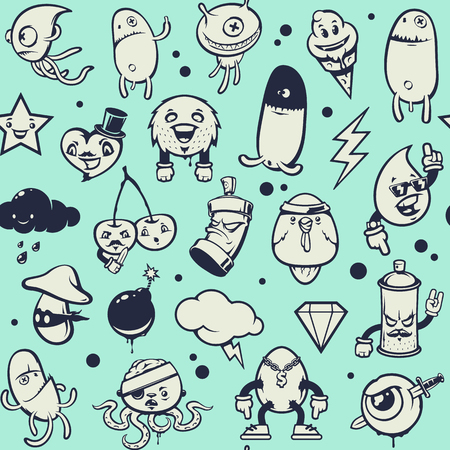 Doodle Seamless Pattern. Vector seamless texture with doodle graffiti characters.のイラスト素材