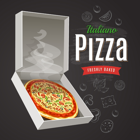 Hot and fresh pizza in open box on chalkboard background with hand-drawn ingredients. Italian Pizza typography. Pizza vector illustration.のイラスト素材