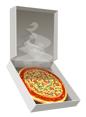 Hot and fresh pizza in open box isolated on white background. Vector illustration.のイラスト素材
