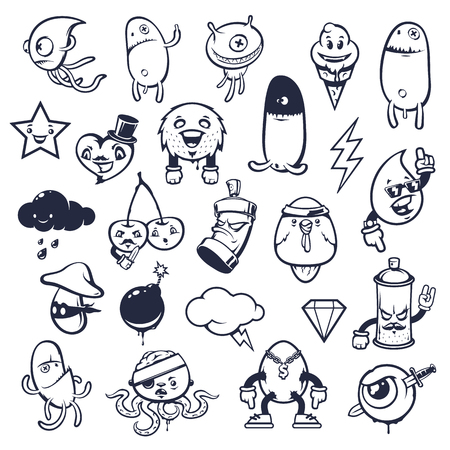 Doodle Graffiti Monsters Set. Set of vector graffiti characters. Doodle style graffiti freaks. Design elements isolated on white.のイラスト素材