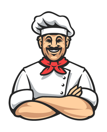 Smiling chef in arms crossed pose. Happy chef cook in hat isolated on white. Vector illustration.のイラスト素材