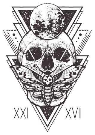 Vector boho design of skull with hawk moth and sacred geometric elements, hipster triangles, mystical symbols.のイラスト素材