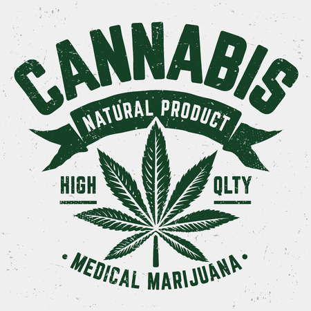 Cannabis Grunge Emblem. Weathered old fashioned monochrome emblem with marijuana leaf. のイラスト素材