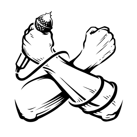 Crossed Hands with Microphone isolated on white. Vector monochrome art.のイラスト素材