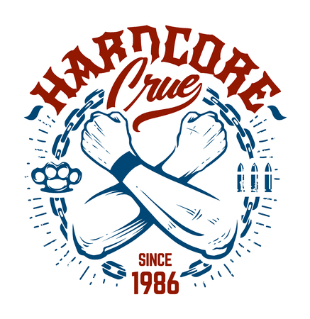 Hardcore Emblem with crossed hands, chain, bullets, brass knuckles and lettering. Red and blue colors vector print design isolated on white.のイラスト素材
