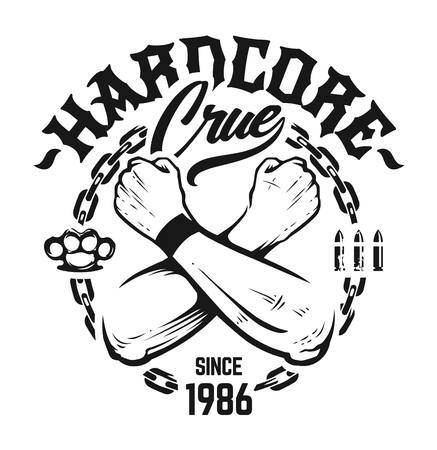 Hardcore Emblem with crossed hands, chain, bullets, brass knuckles and lettering. Black monochrome vector print design isolated on white.のイラスト素材