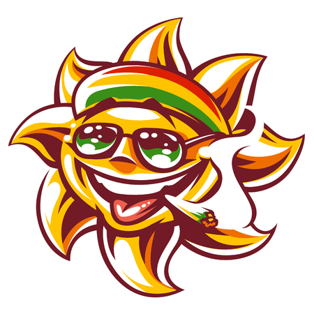 Art of happy sun in rastaman colored hat, sunglasses  and spliff in mouth. Ganja smoking funny sun character. Vector art isolated on white. のイラスト素材