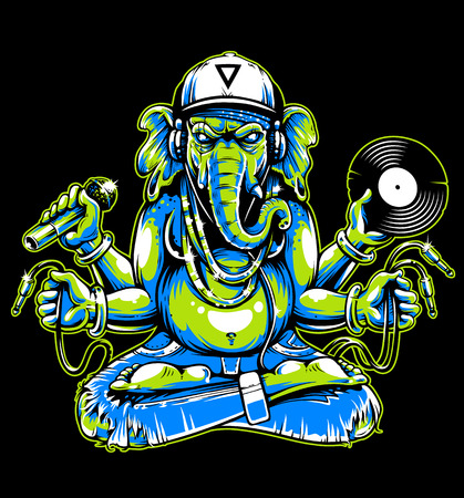 Ganesha with musical attributes: headphones, vinyl record, microphone and wires in hands. Ganesha b-boy weared in snapback and jeans. Cool vector illustration of ganesha. Toxic colors: green and blue variation.のイラスト素材