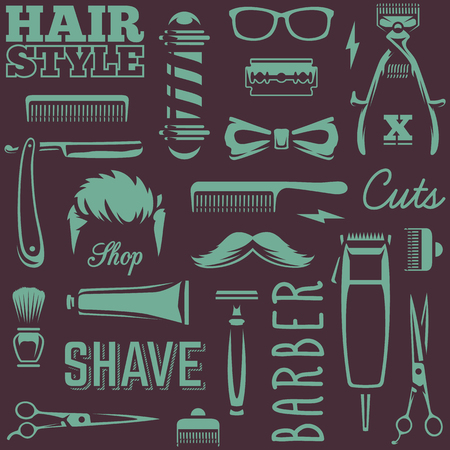 Barber Tools Seamless Texture. White barber tools on black background retro style vector art.のイラスト素材