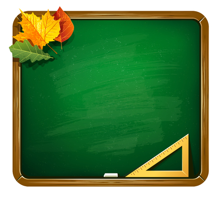 Green chalkboard with autumn leaves, chalk, ruler and copy space for your text. Back to school background.のイラスト素材