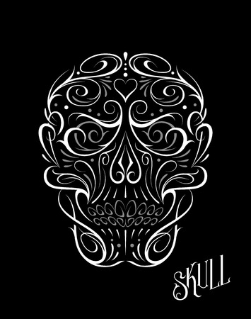 Abstract Skull Shape White Pattern. Vector art of gothic tattoo ornament with skull shape. White and grey shapes isolated on black.のイラスト素材