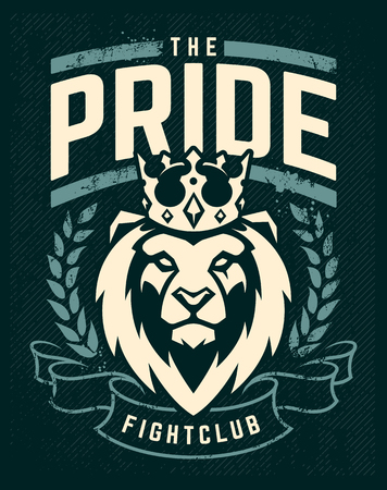 Emblem design template with lion in crown looking danger. Grunge art with wreath and ribbon elements. Classic style. Vector print.のイラスト素材