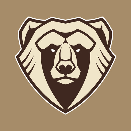 Bear mascot vector art. Frontal symmetric image of bear looking dangerous. Bear head vector icon.のイラスト素材