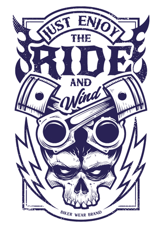Tattoo style vector art with bike attributes: two crossed pistons, skull, fire and lightnings. Typography saying âJust Enjoy the Rideâ. Weathered grunge style print for bikers.のイラスト素材