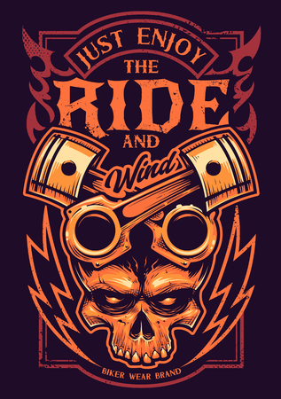 Tattoo style vector art with bike attributes: two crossed pistons, skull, fire and lightnings. Typography saying âJust Enjoy the Rideâ. Weathered grunge style print for bikers.のイラスト素材
