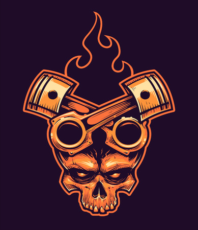 Vector Skull with Crossed Pistons and Fire. Tattoo style hand-drawn illustration.のイラスト素材