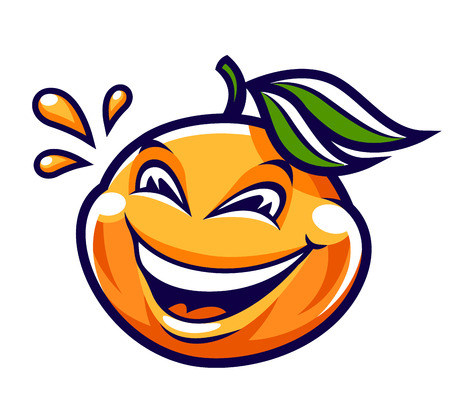 Funny smiling mandarin vector character isolated on white. Cute cartoon orange fruit with happy face and juice drops around. Vector art.のイラスト素材