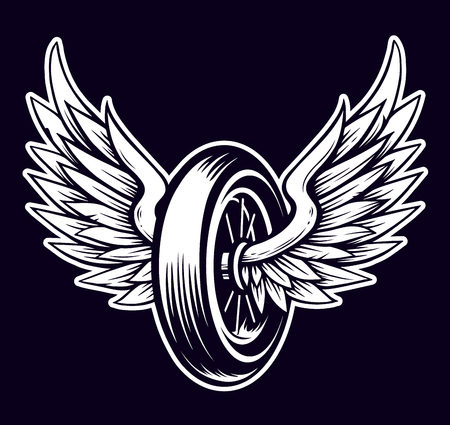 Vector Motorcycle Wheel with Wings isolated on black. Monochrome tattoo style symbol for bikers.のイラスト素材