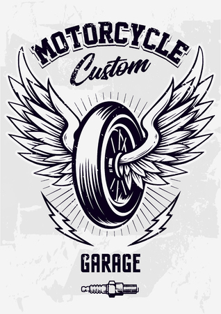 Vintage Biker Design with Winged Wheel, lightnings and spark plug. Grunge poster design template.のイラスト素材