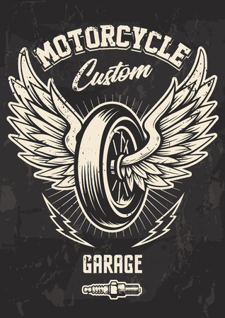 Vintage Biker Design with Winged Wheel, lightnings and spark plug. Grunge poster design template.のイラスト素材