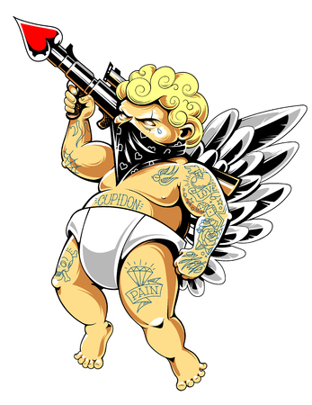 Tattooed cupid in bandana with gun loaded of love. Fat tattooed aggressive love warrior. Modern vector illustration.のイラスト素材