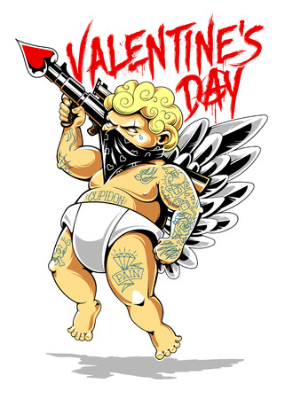 Tattooed cupid in bandana with gun loaded of love. Fat tattooed aggressive love warrior. Modern vector illustration with dirty graffiti lettering.のイラスト素材