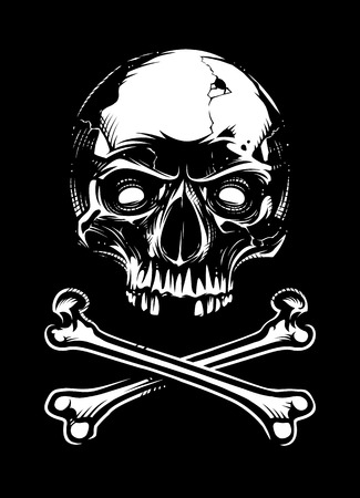 White skull with two crossed bones looking on black background. Vector art.のイラスト素材