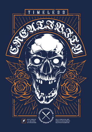 Skull with Roses two color print design on deep blue background. Grunge design with skull looking mad with open mouth. Roses and leaves on sides. Rectangular frame around. Vintage tipography. Brutal t-shirt design.のイラスト素材
