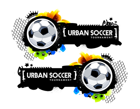 Two horizontal banner with soccer balls and graffiti elements. Urban street art style vector graphic for football design.のイラスト素材
