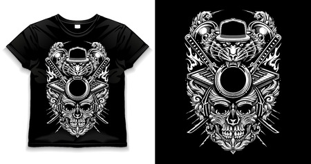 Electronic music collage with tiger head in snapback, dynamics, synthesizers, katana swords, fire, skull in headphones and floral patterns. White and grey colors on black. Space for your text. Vector illustration.のイラスト素材
