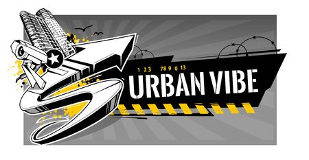 Horizontal banner with abstract graffiti elements: arrows, splashes, barbed wire, paint splashes, stars.のイラスト素材