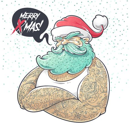 Cool art of tattooed Santa Claus. Hipster Santa vector illustration.のイラスト素材