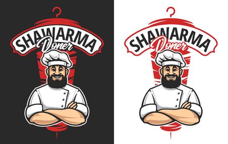 Vector emblem for shawarma cafe. Smiling bearded chef with crossed hands. Lettering and meat on backdrop. Doner kebab logo template.のイラスト素材
