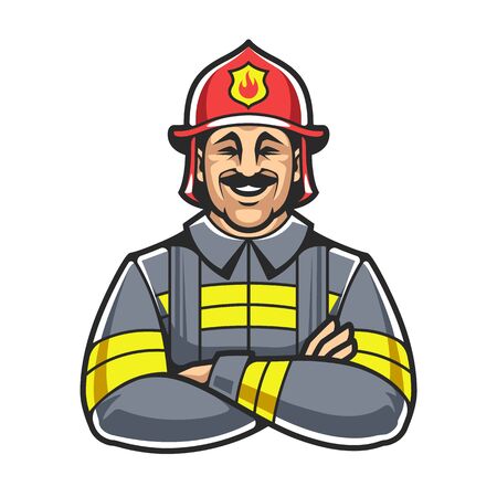 Cartoon style smiling doctor with crossed hands. Firefighter character isolated on white. Fireman vector icon. のイラスト素材