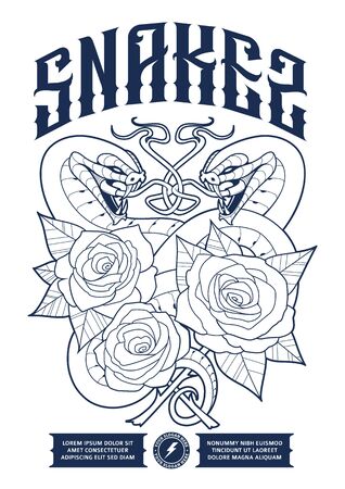 Poster design with snakes and roses. Snakes open mouth wild and wraps the flowers. Classic grunge tattoo style print design. Black and white version. Vector art. のイラスト素材
