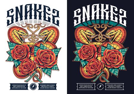 Poster design with snakes and roses. Snakes open mouth wild and wraps the flowers. Classic grunge tattoo style print design. Bright juicy colors. Vector art. のイラスト素材