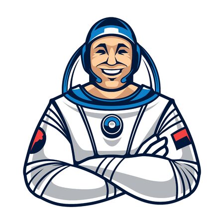 Cartoon style smiling astronaut with crossed hands. Cosmonaut character isolated on white. Happy spaceman vector icon. のイラスト素材