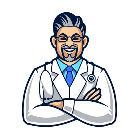 Cartoon style smiling doctor with crossed hands. Medic character isolated on white. Happy doctor vector icon. のイラスト素材