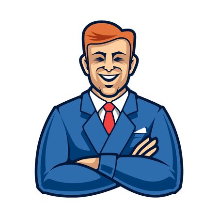Cartoon style smiling businessman with crossed hands. Statesman character isolated on white. Manager vector icon. のイラスト素材