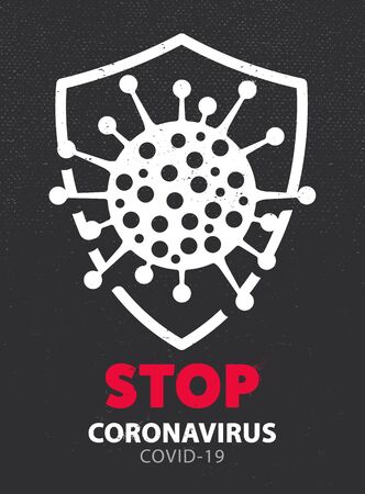 Poster design with coronavirus molecule in shield and text Stop Coronavirus. Grunge retro style vector graphics.のイラスト素材