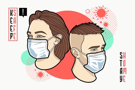 Man and woman face in respiratory mask. Abstract design of coronavirus awareness. Vector graphics.のイラスト素材