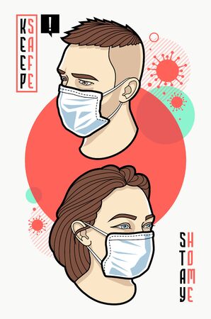 Man and woman face in respiratory mask. Abstract design of coronavirus awareness. Vector graphics.のイラスト素材