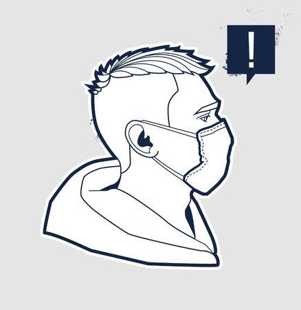 Man face in respiratory mask. Abstract design of coronavirus awareness. Vector graphics.のイラスト素材